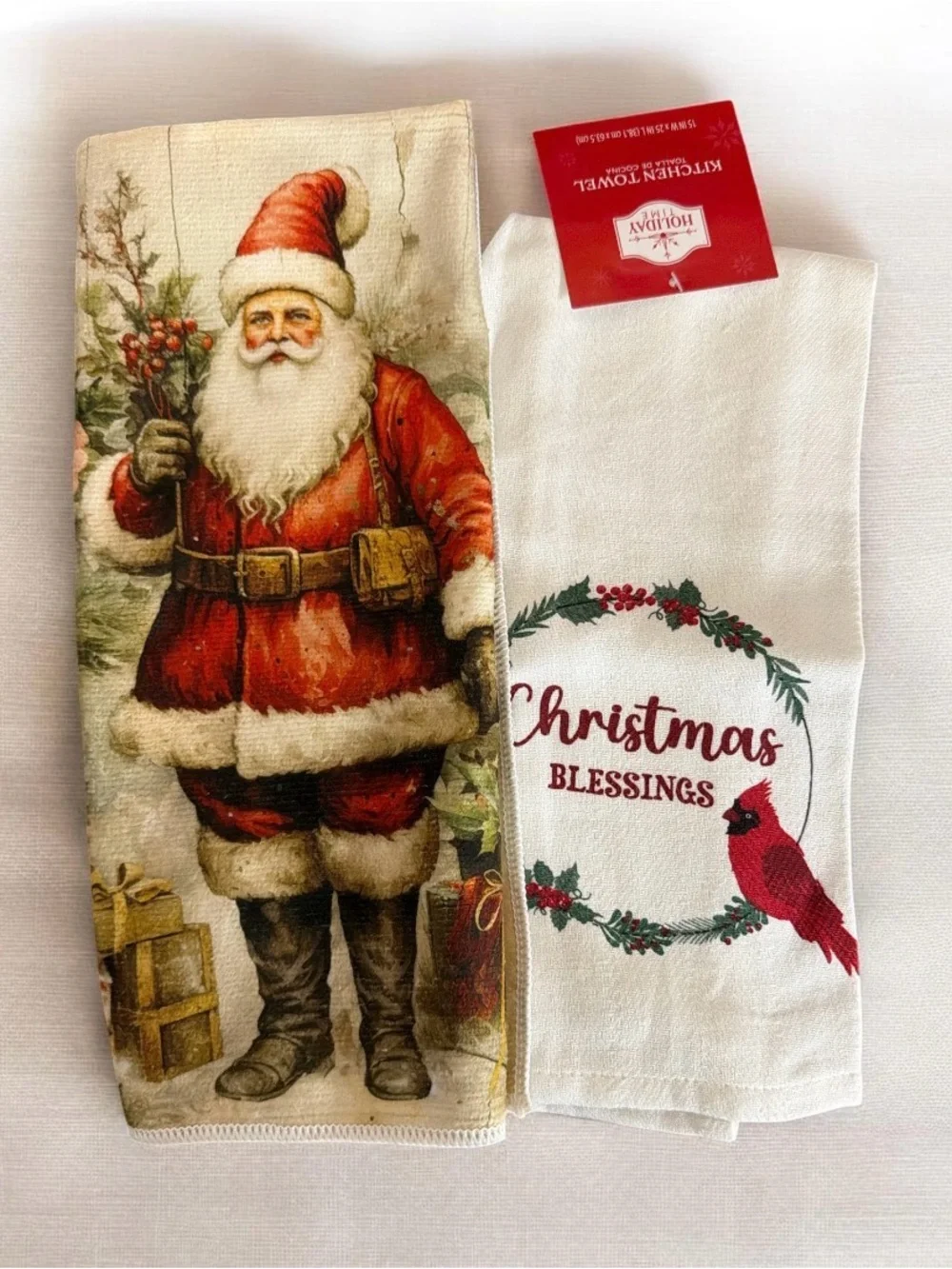 Vintage Santa and Christmas Blessings Kitchen Towels - Red & White